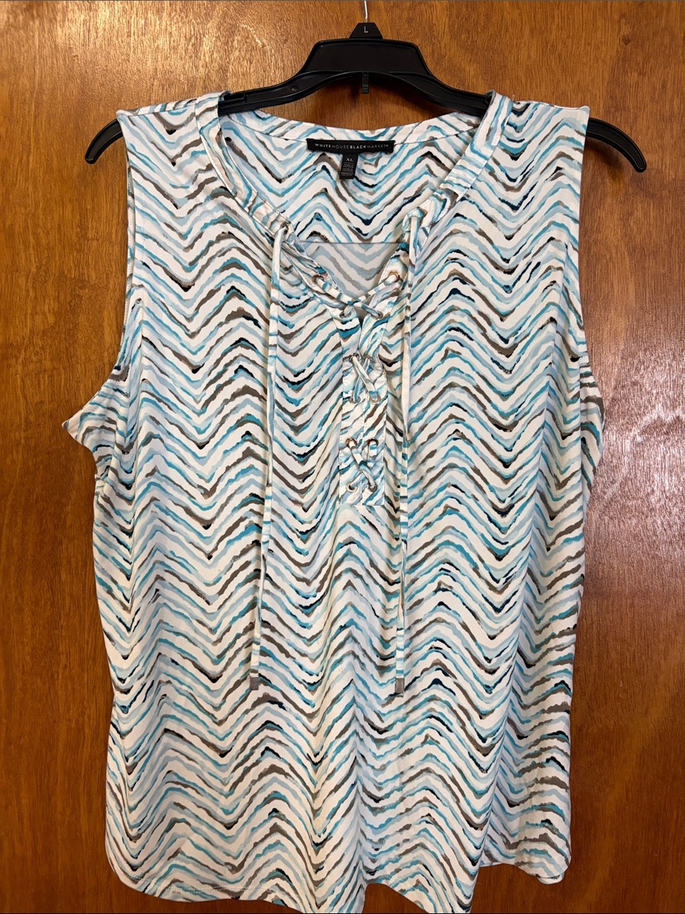 White House Black Market Blue White Chevron Lace-Up Sleeveless Top XL